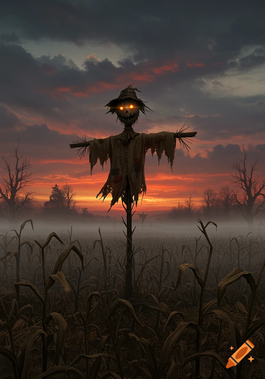 A scary scarecrow with glowing eyes stands in a foggy, dark cornfield at sunset under a dramatic sky.