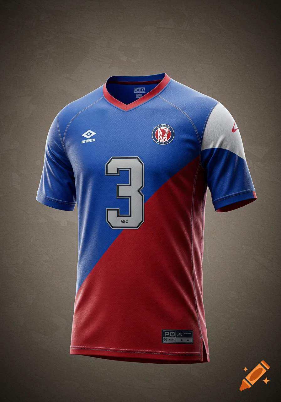Photorealistic blue, red, and white soccer jersey with the number 3 on the front.