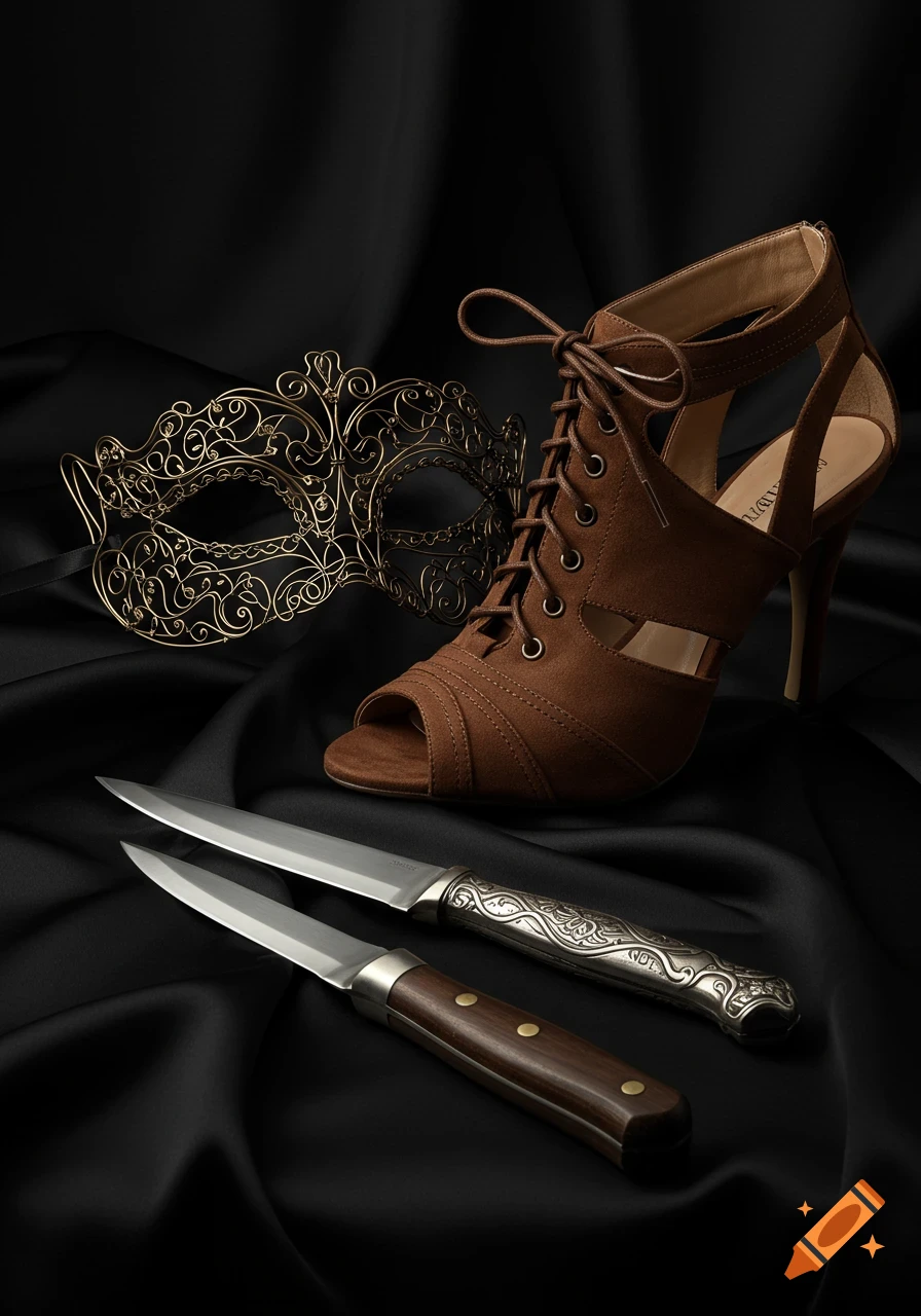 A gold wire masquerade mask, a brown open-toe lace-up high heel, and two knives rest on a black satin sheet.
