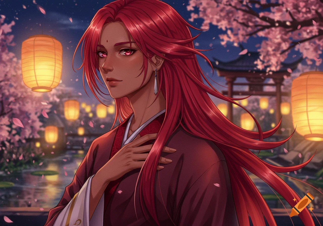 Anime illustration of an androgynous person with long red hair in traditional robes, standing among cherry blossoms and lanterns at night.
