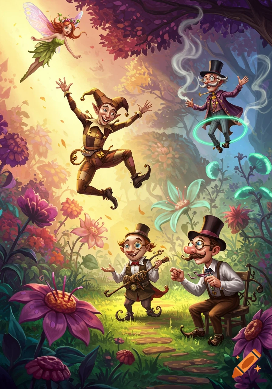 A vibrant, whimsical illustration of a fairy, a jester, and gnome-like characters joyfully playing in a magical forest.
