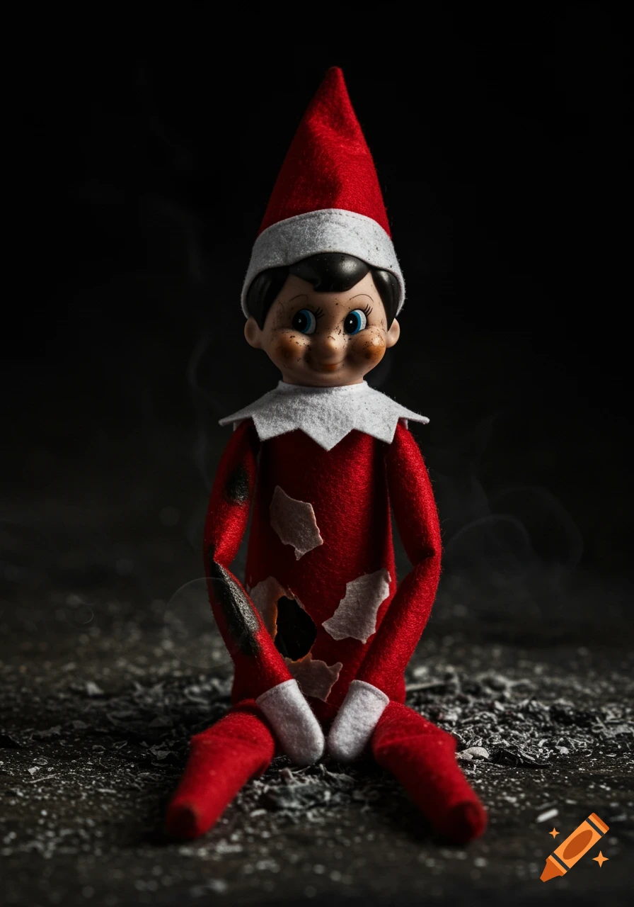 A photorealistic close-up of a burnt Elf on the Shelf doll sitting on scattered ash against a dark background.