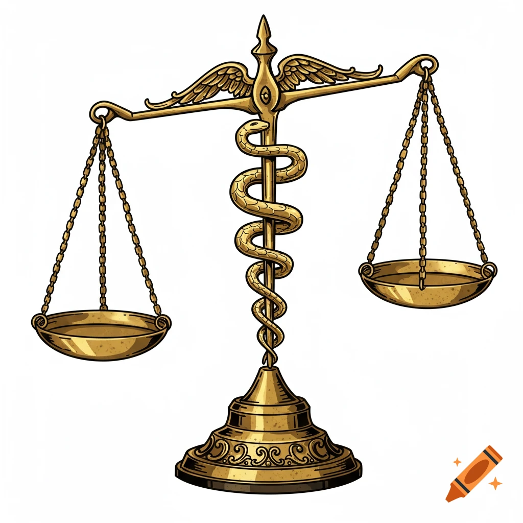 Golden vintage scales featuring a Staff of Asclepius with a snake, rendered in a clean clipart style.
