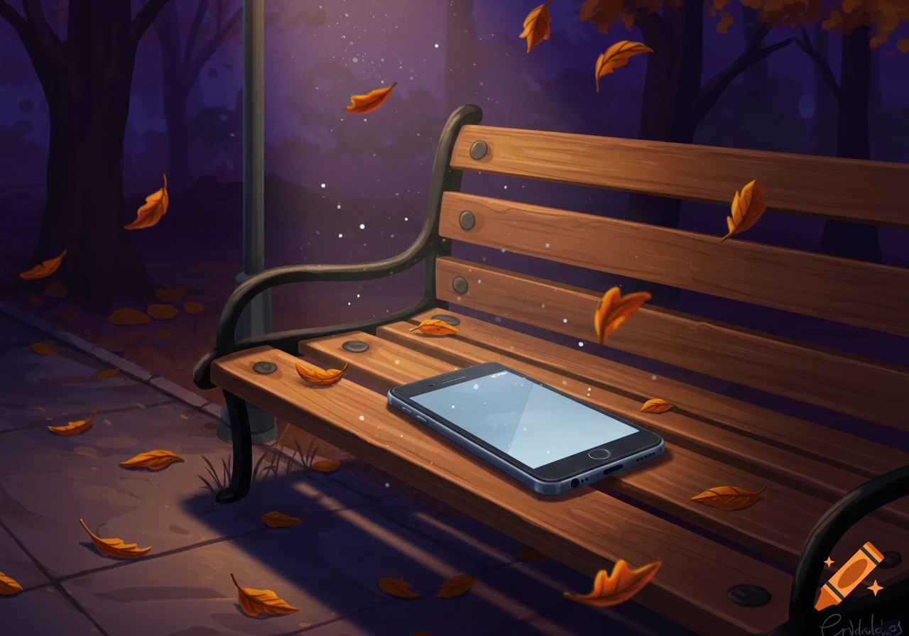 Digital painting of a smartphone abandoned on a wooden park bench at dusk, with autumn leaves falling.