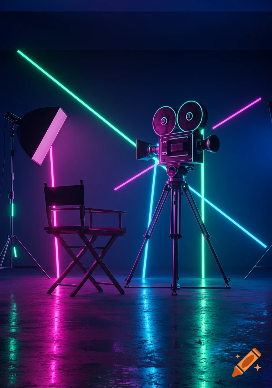 A vintage movie camera and a director's chair in a dark studio illuminated by vibrant pink, green, and blue neon lights.