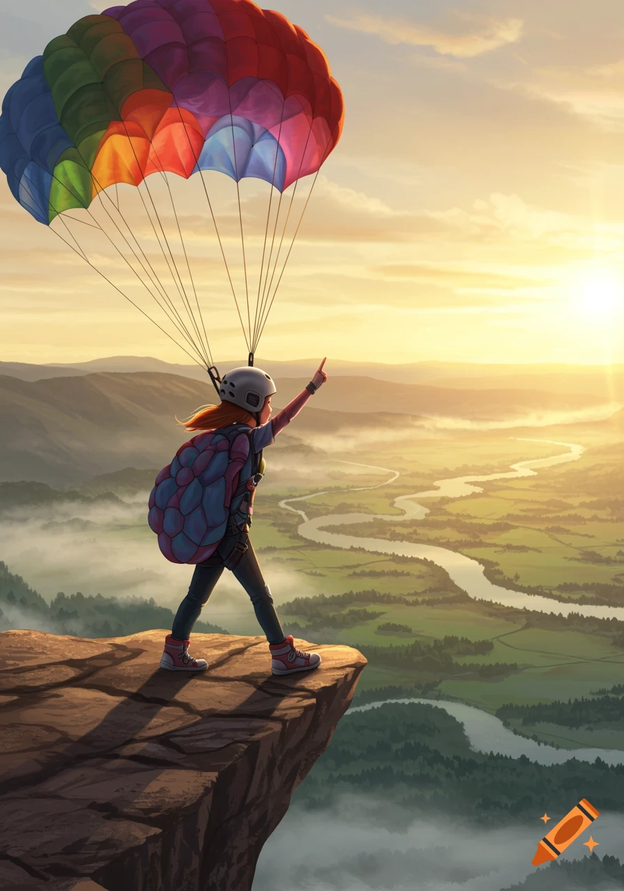 An illustrated girl with a colorful parachute and helmet stands on a cliff edge at sunset, pointing to a valley below.