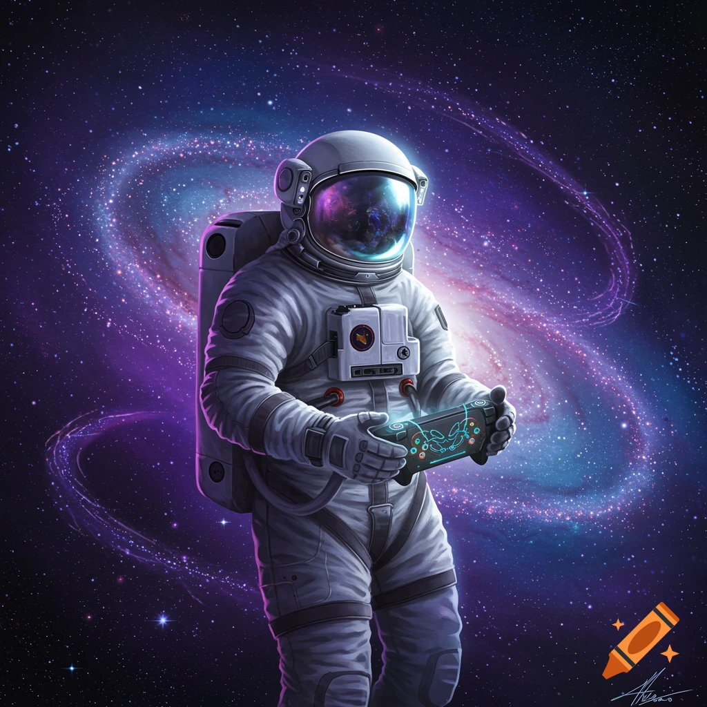 An astronaut in a white suit floats in space, holding a glowing futuristic video game controller, with a vibrant purple and blue galaxy swirling behind them.