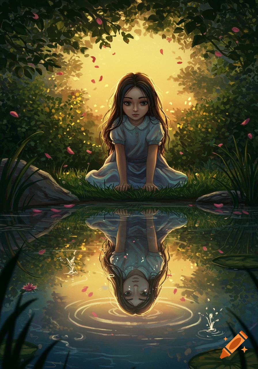 A girl with long dark hair sits by a pond in a forest clearing, looking at her reflection in the water. Pink petals fall around her, illuminated by a warm, golden light.