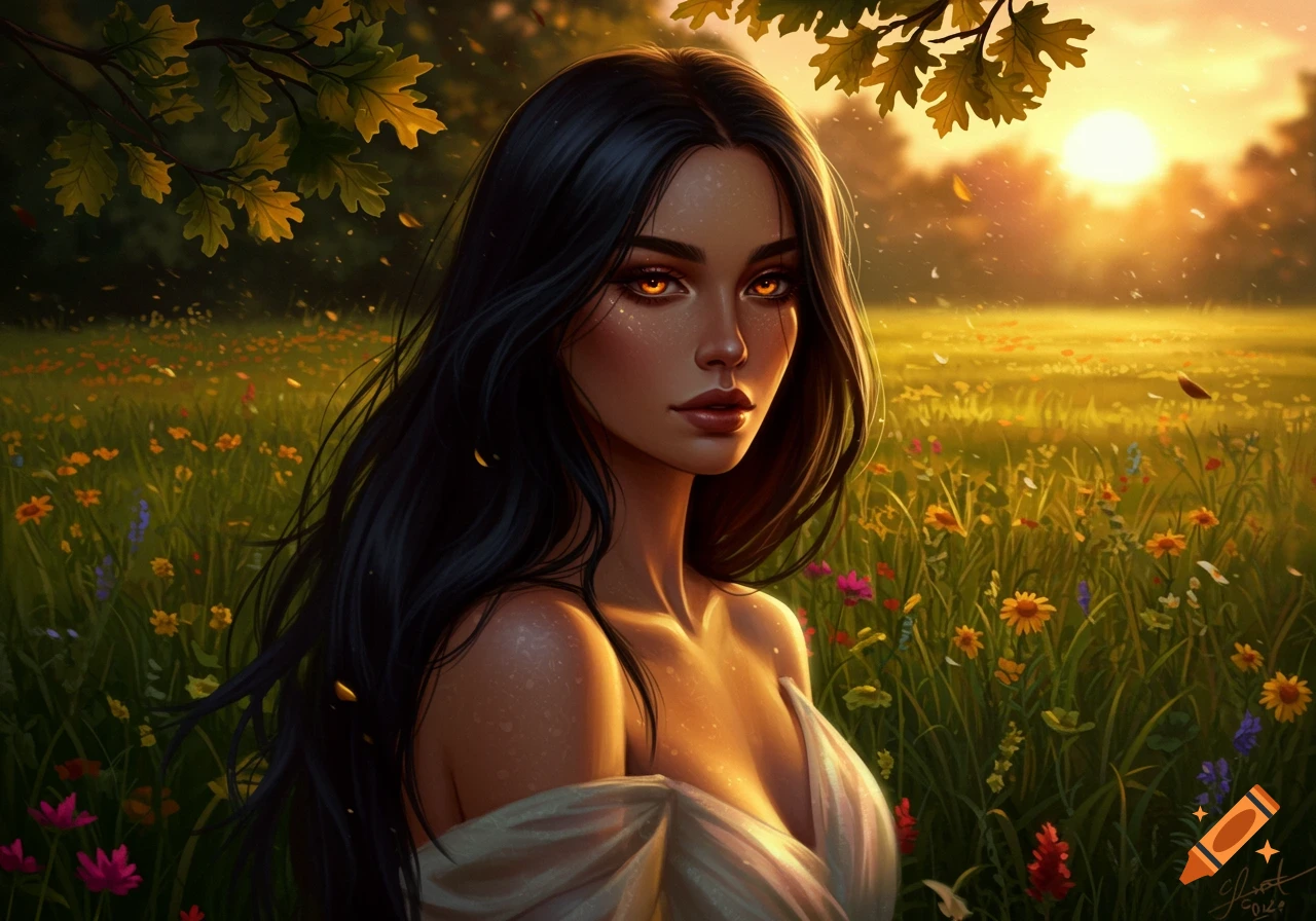 A fantasy portrait of a dark-haired woman with glowing eyes in a white dress, standing in a sunlit wildflower field at sunset.