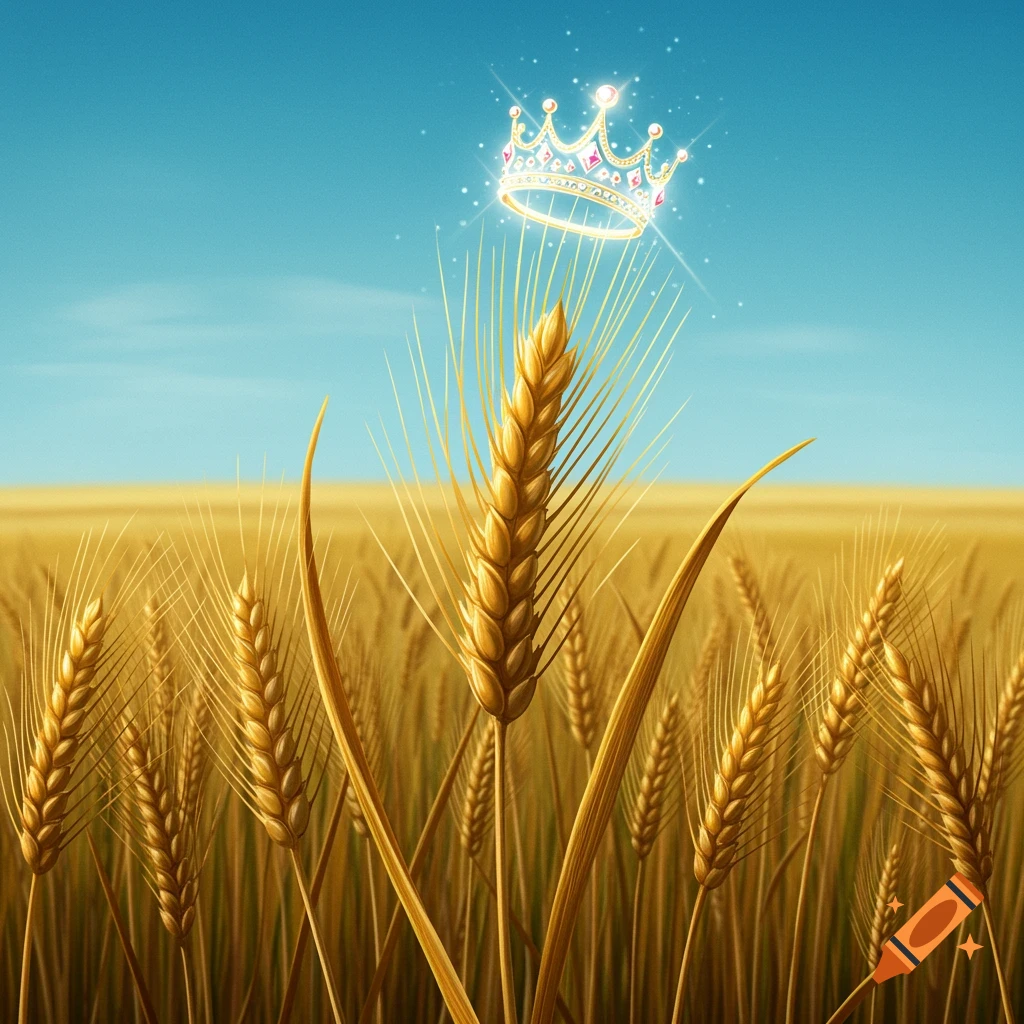 A glowing, jeweled crown hovers above the tallest stalk in a golden field of wheat under a clear blue sky, in a vibrant illustration style.
