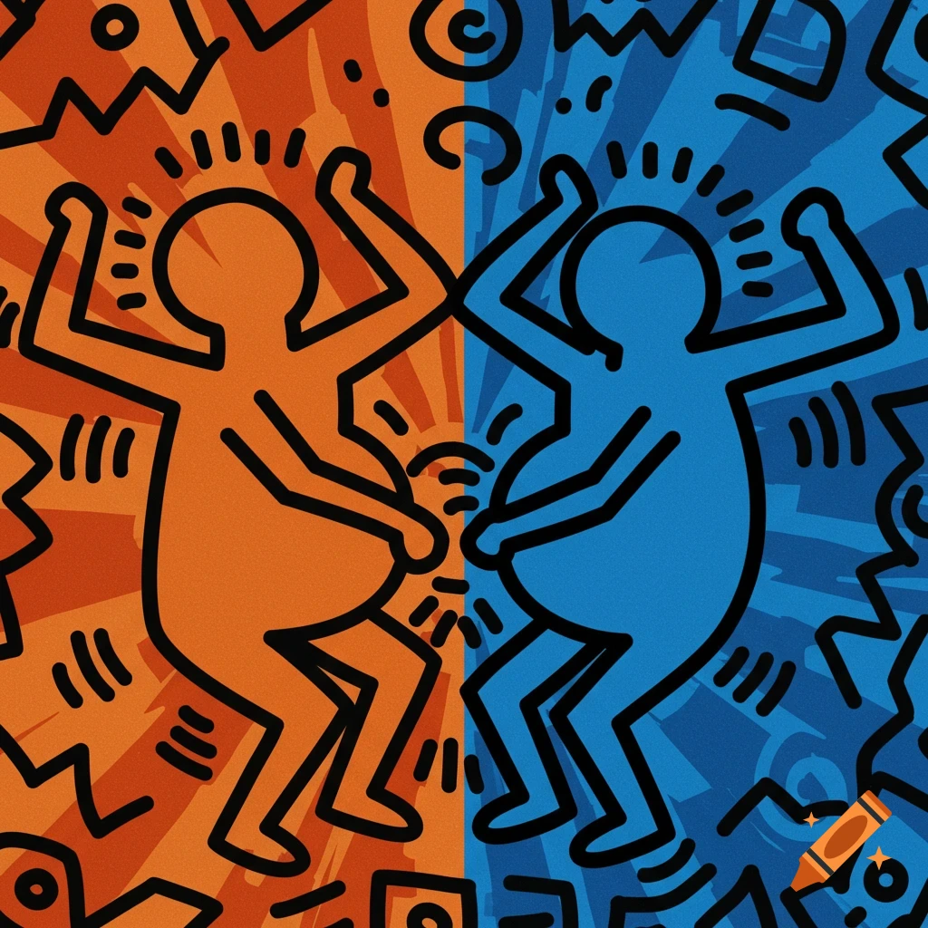 Two stylized orange and blue figures with enlarged bellies, in a Keith Haring art style, bumping bellies.