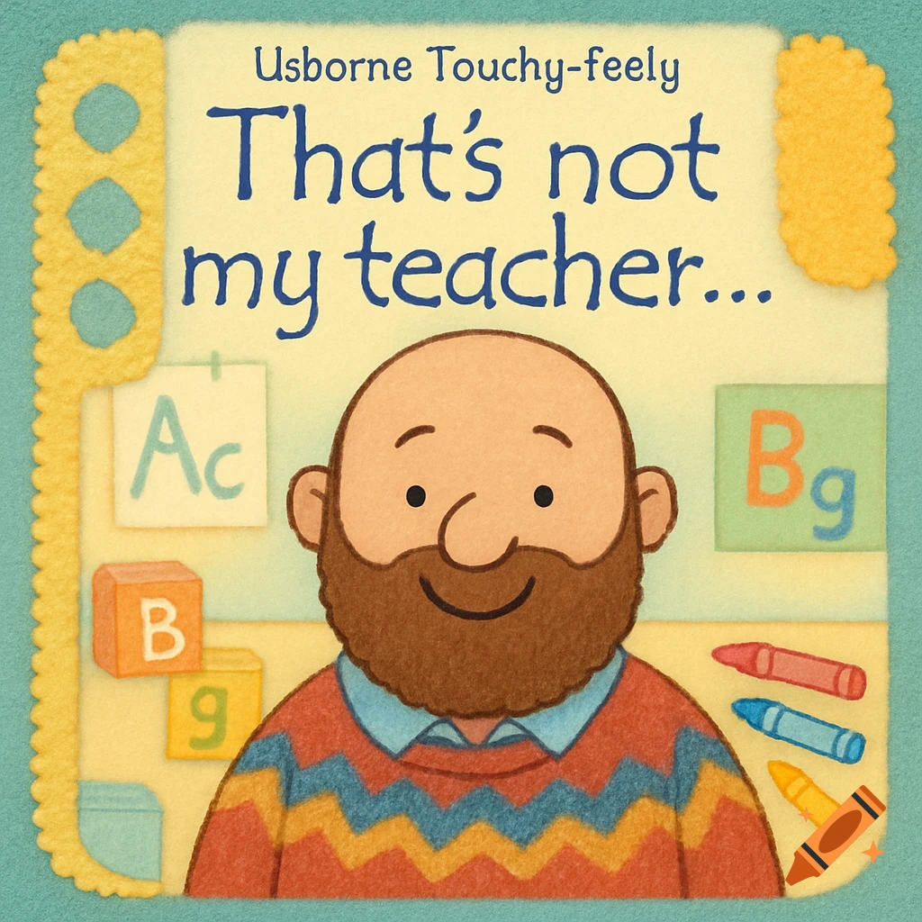 Cartoon book cover for 'That's Not My Teacher...' featuring a bald, bearded man, alphabet blocks, and crayons in a children's book style.