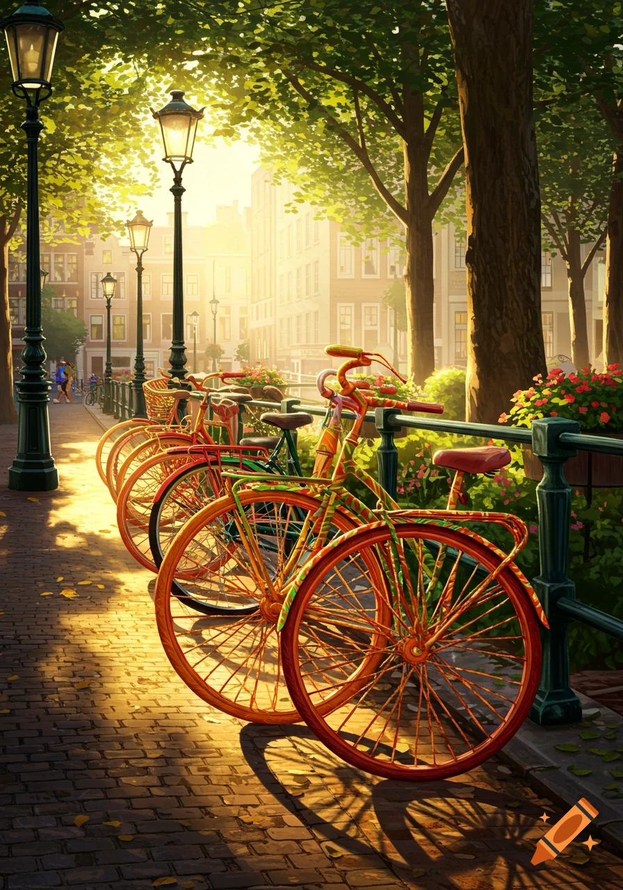 Golden hour view of colorful bicycles lined on a cobbled street with lampposts and buildings, through tree-lined avenue.
