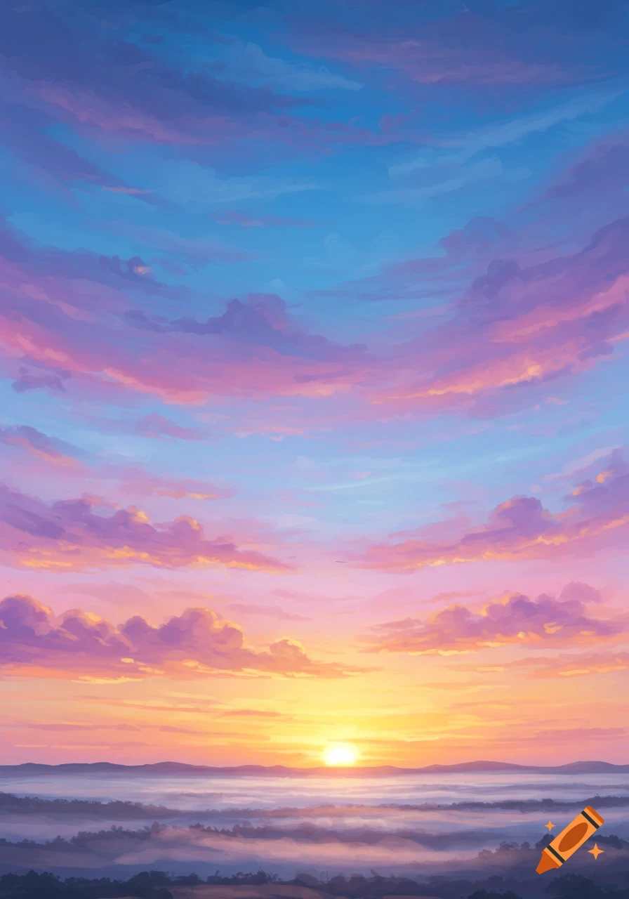 Vibrant sunset or sunrise over a misty landscape with pink and purple clouds and a bright sun.