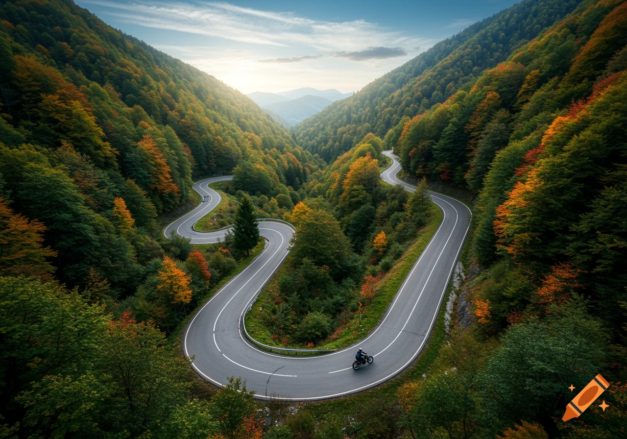 A winding road curves through a vibrant autumn mountain valley with a lone motorcycle riding on it under a bright sky.
