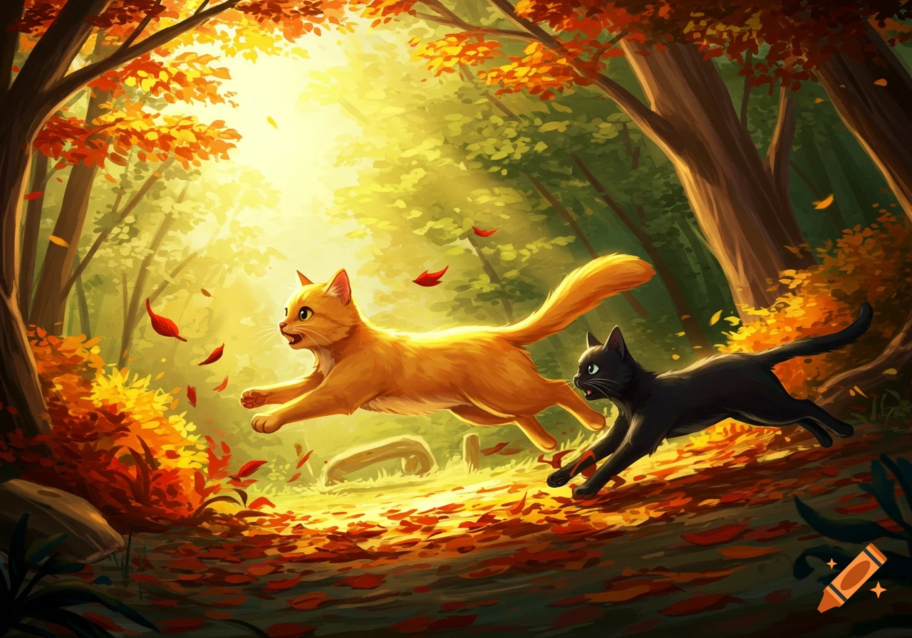 An orange cat and a black cat run through a vibrant autumn forest with falling leaves in a painterly style.
