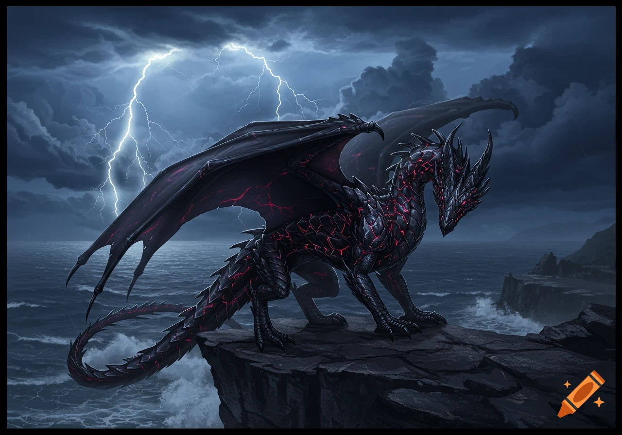 A black dragon with glowing red cracks on its scales stands on a cliff overlooking a stormy ocean with lightning.