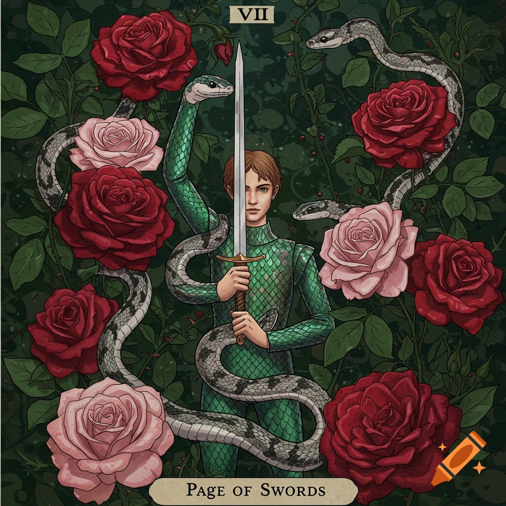 Tarot card illustration of Page of Swords: a figure in green armor holding a sword, surrounded by roses and snakes. Roman numeral VII.