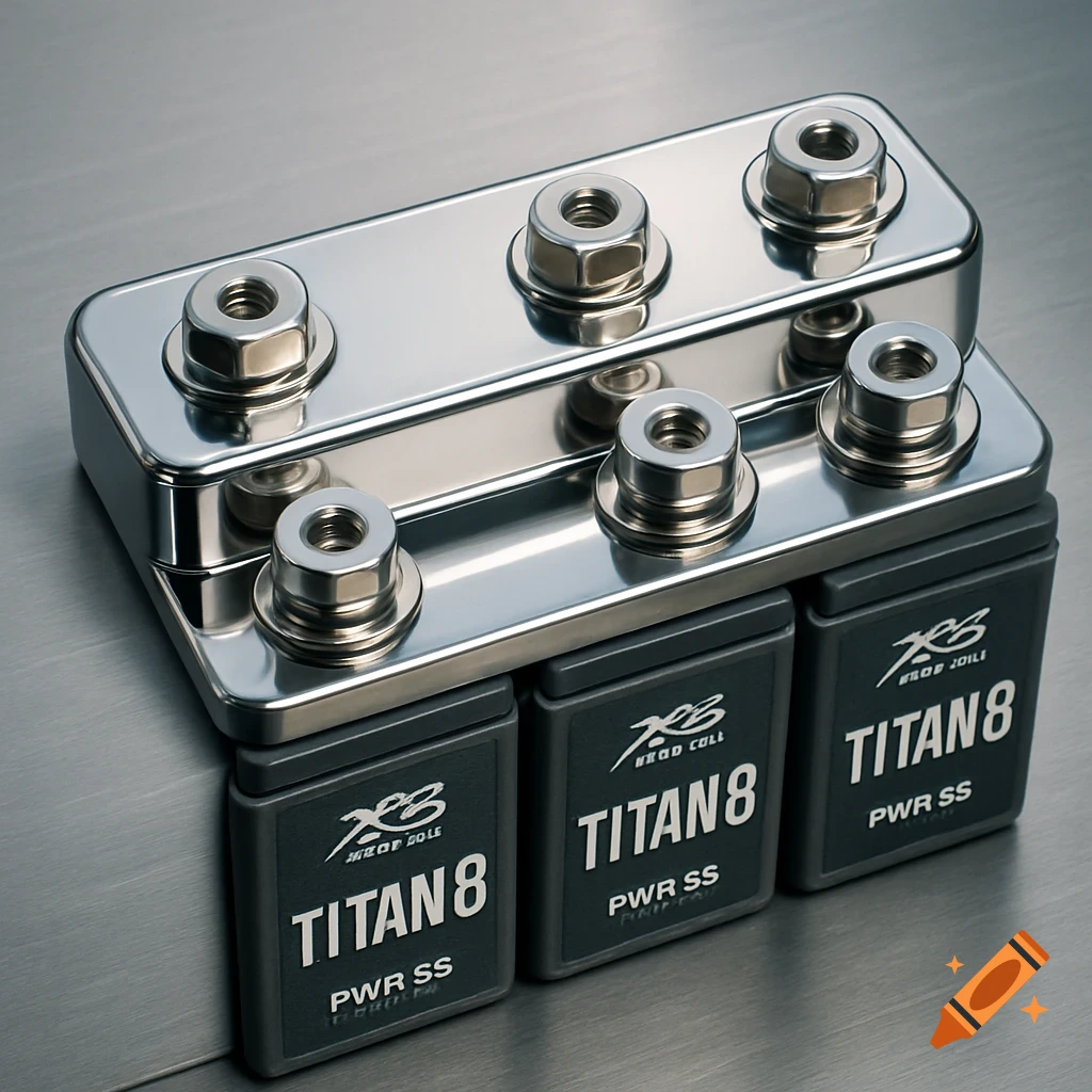 A chrome bus bar connecting three black battery-like units with white text 'TITAN8 PWR SS' on a brushed metal surface.