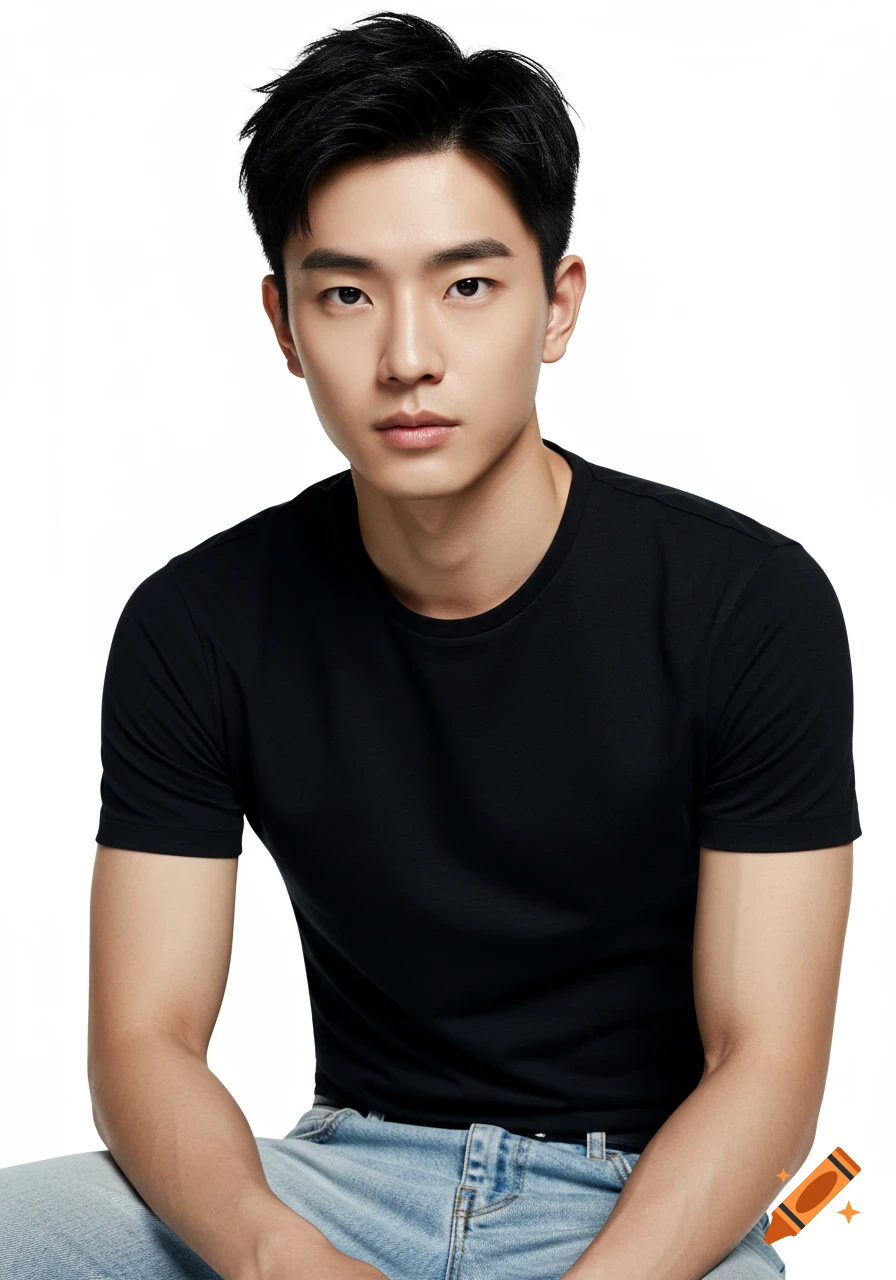 A young man with black hair wearing a black t-shirt and jeans sits against a white background.