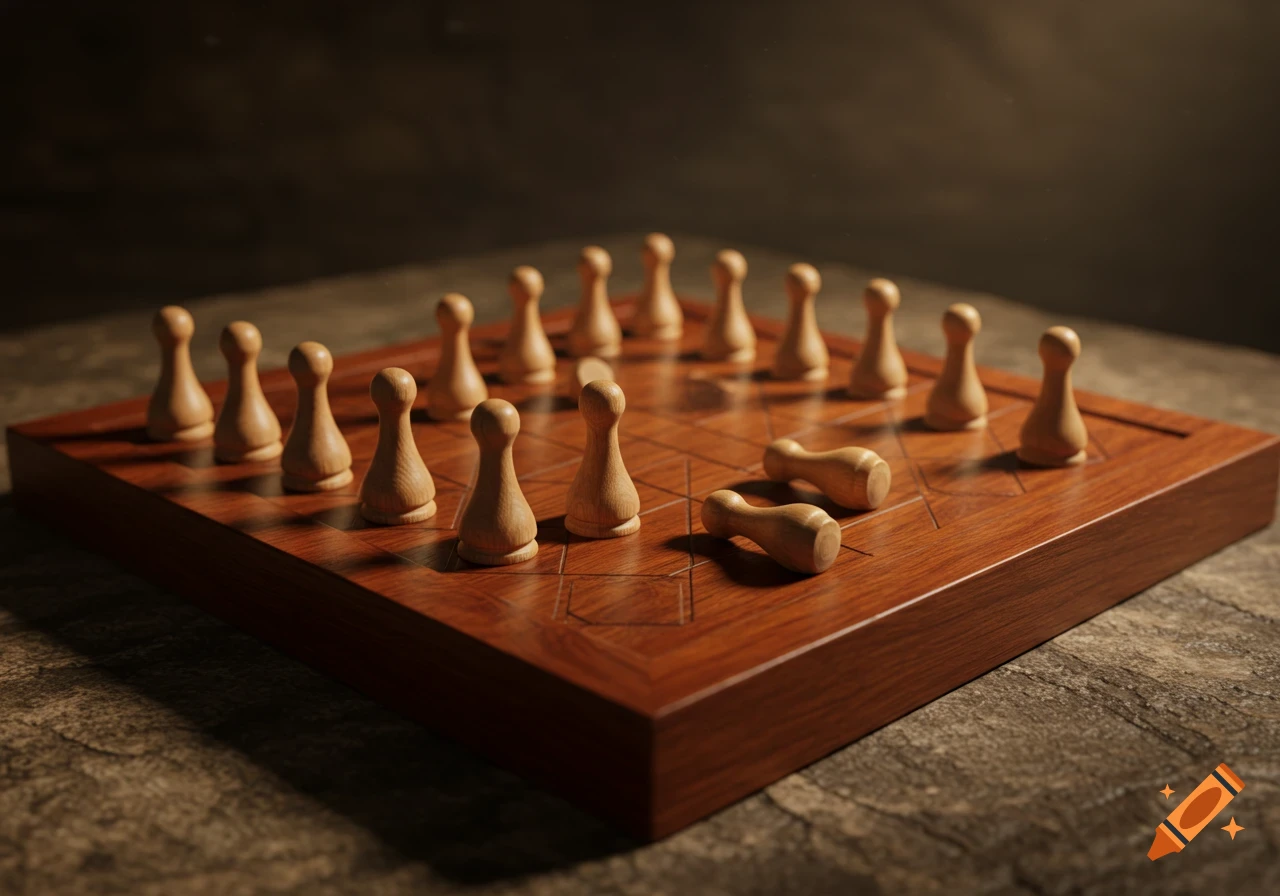 Close-up of a wooden board game with light wooden pawns, some standing on the board, others fallen.