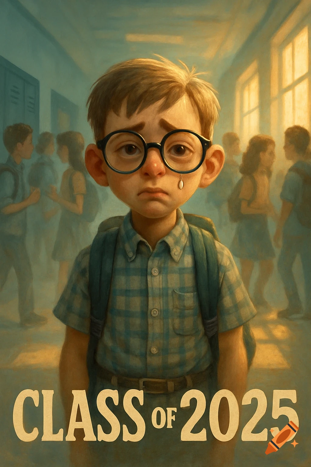 A sad boy with glasses and a backpack stands in a school hallway, a tear on his cheek. Text reads 'CLASS OF 2025'.