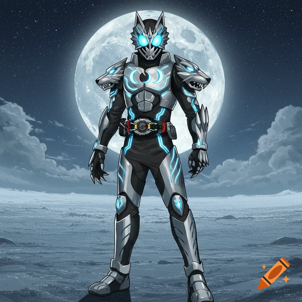 A wolf-themed superhero in silver and black armor with blue glowing accents stands under a full moon on a desolate landscape, anime style.