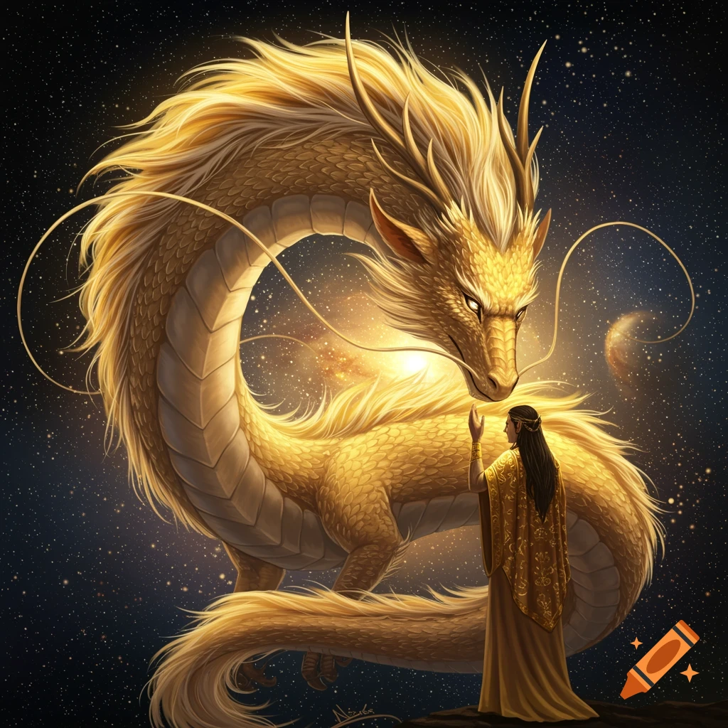 A majestic golden dragon and a person in a flowing golden dress stand in a cosmic, star-filled space.
