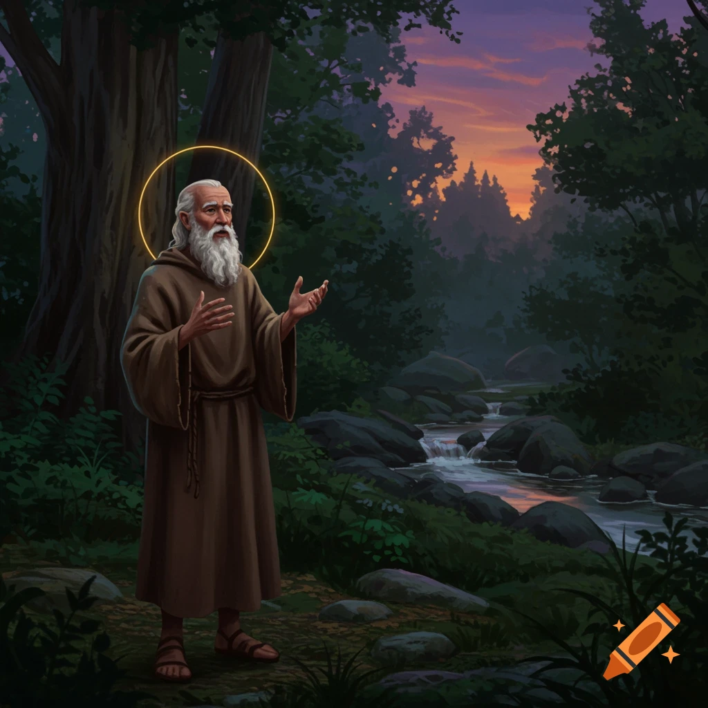 An old wise man with a halo stands in a forest with a stream, gesturing as if speaking, against a sunset sky. Illustrated style.