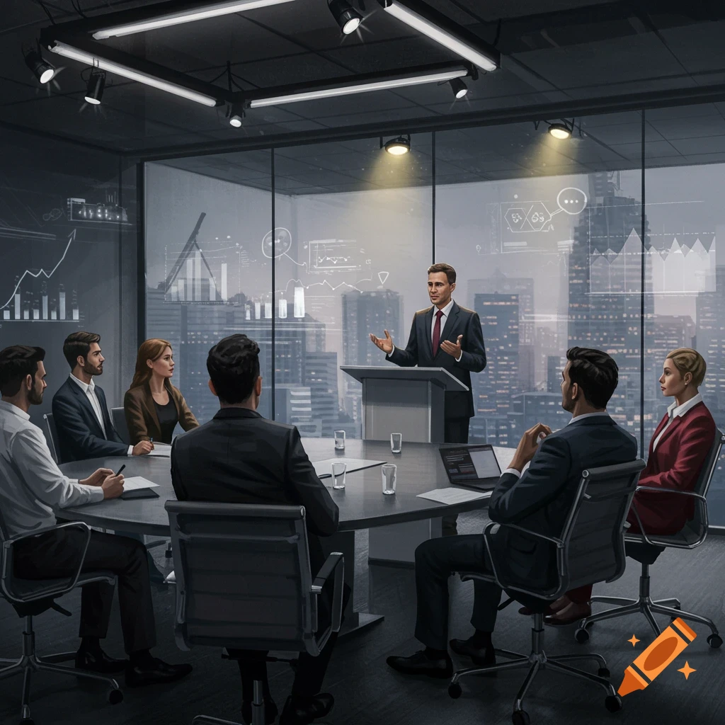 A male executive presents at a podium to a group of colleagues seated around a conference table in a modern office with city views.