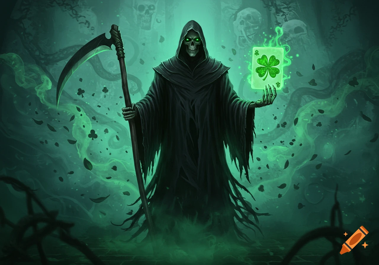 A dark fantasy illustration of the Grim Reaper in black robes holding a scythe and a glowing green clover card amidst green mist and skulls.