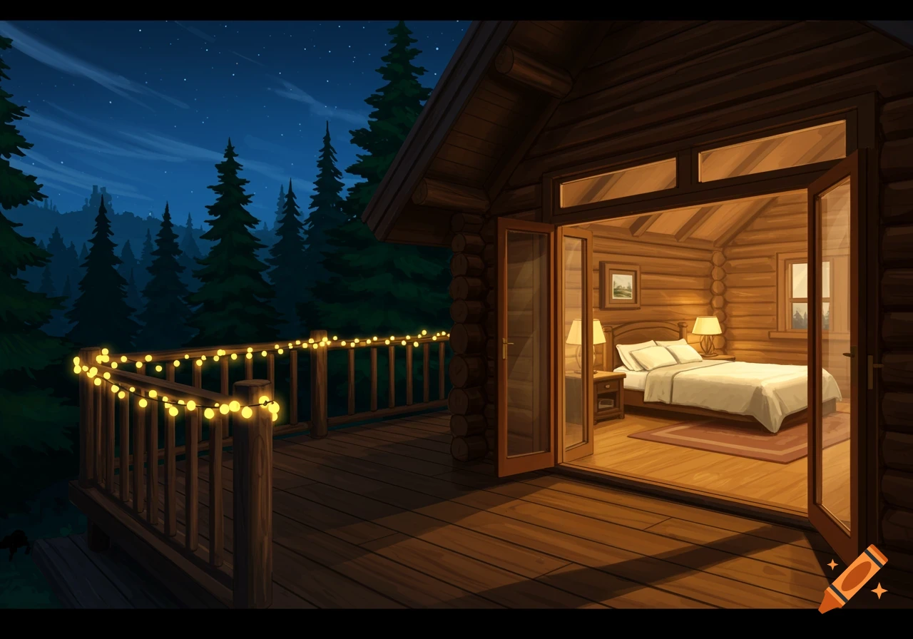 A digital painting of a log cabin at night, with a deck lit by string lights and an open French door revealing a cozy bedroom.