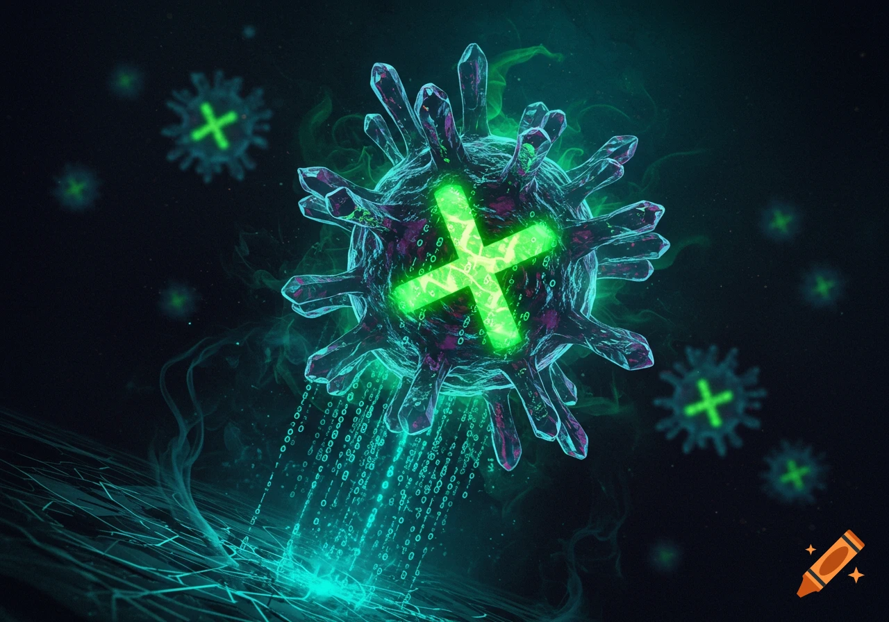 A stylized glowing green virus with a large X symbol in its center, emitting streams of binary code onto a dark, glowing network surface.