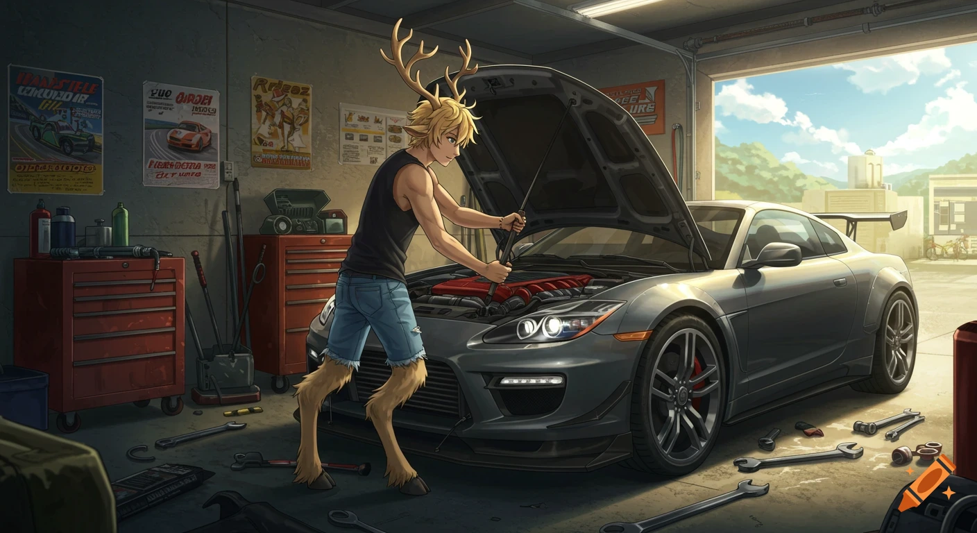 Blond satyr with antlers and hooves working on a grey sportscar in a garage, anime style.
