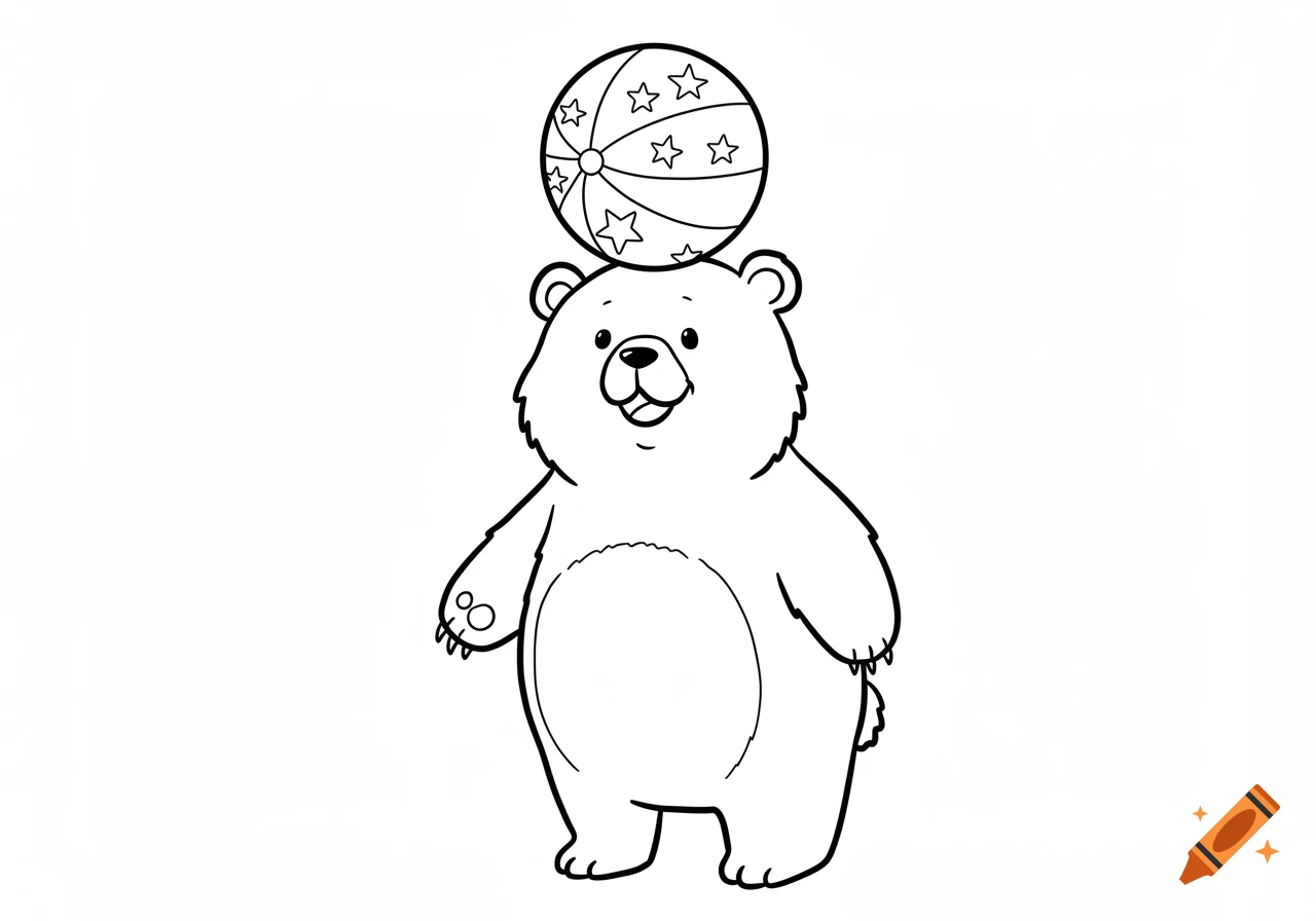 A smiling cartoon bear balancing a striped ball with stars on its head, in a black and white line drawing style.