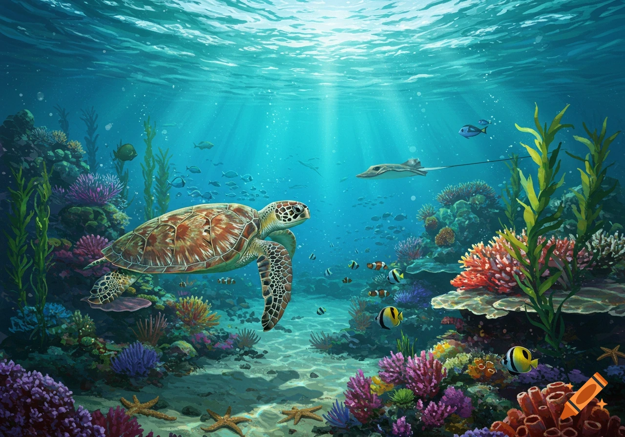 A vibrant illustration of a sea turtle swimming through a colorful coral reef with fish, a stingray, and sunbeams overhead.