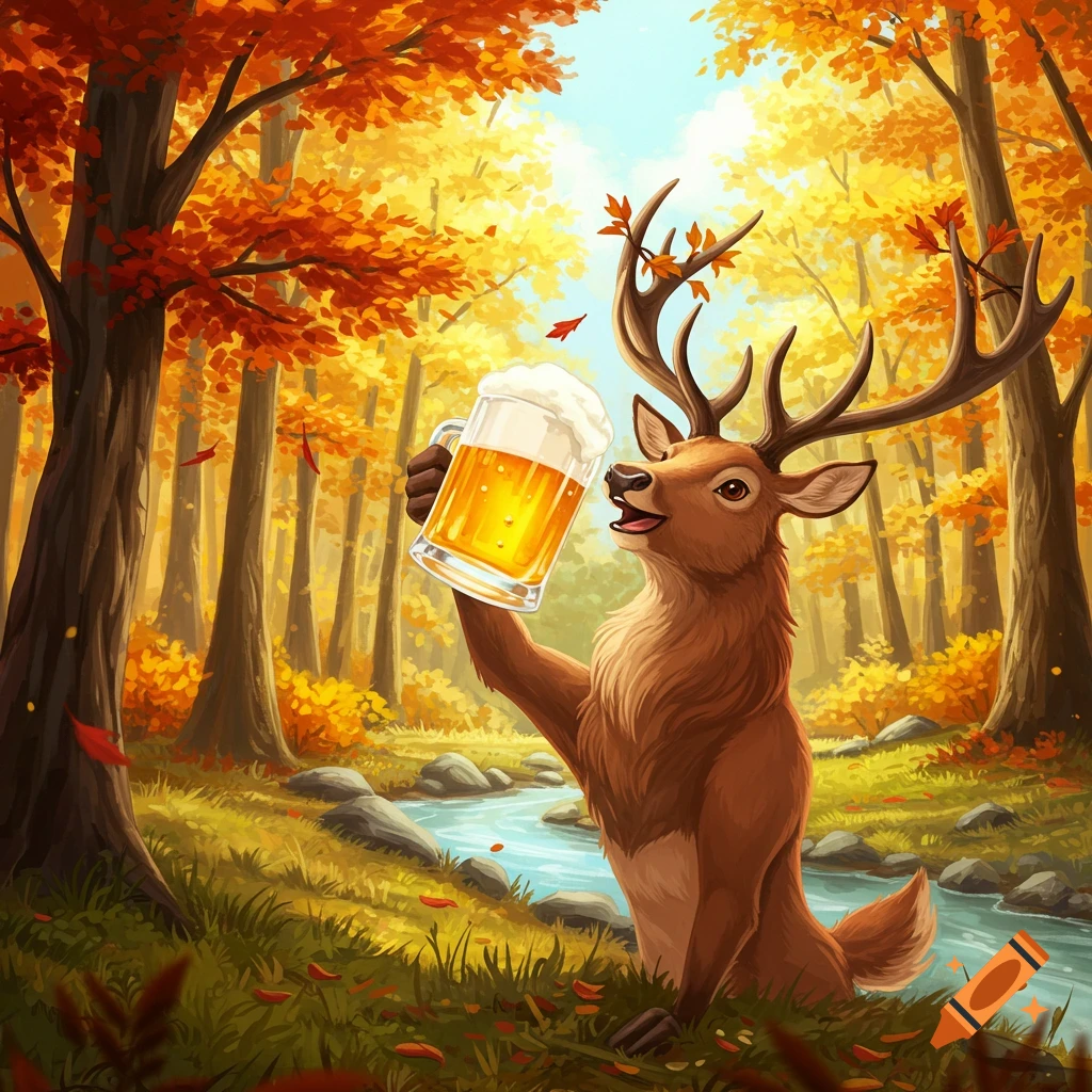 A cartoon deer stands in an autumn forest next to a stream, holding up a frothy mug of beer.