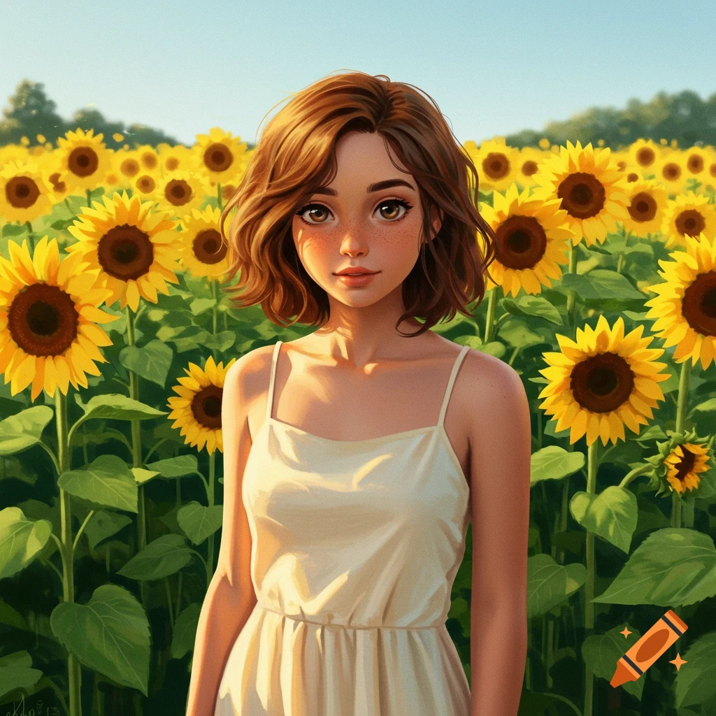 A stylized portrait of a brown-haired girl with freckles standing in a bright field of yellow sunflowers.