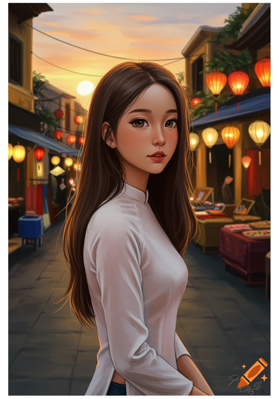 An anime-style portrait of a young woman with long dark hair, wearing a white ao dai, standing in a bustling street market lit by lanterns at sunset.