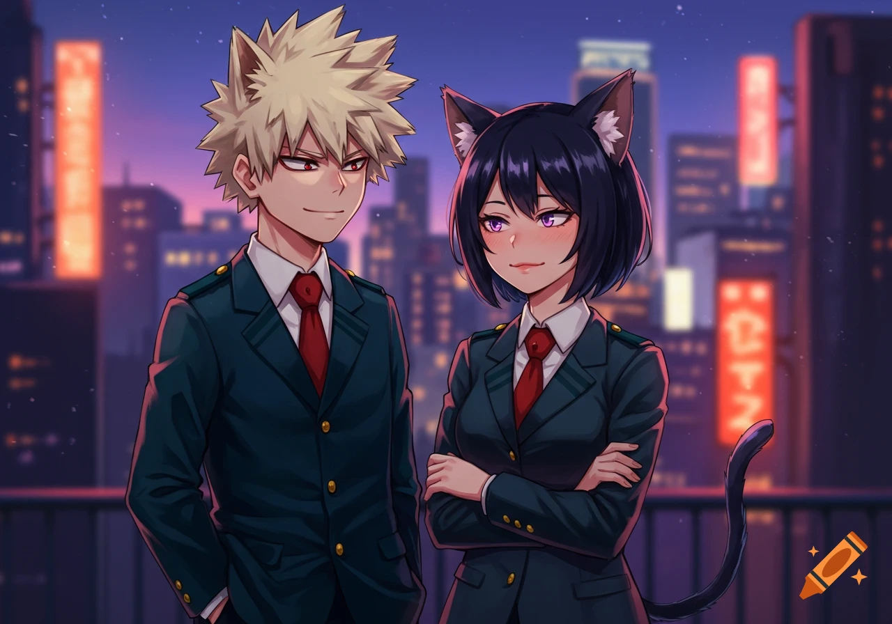 Anime characters Katsuki Bakugo and a black-haired cat girl in UA uniforms overlooking a night city.