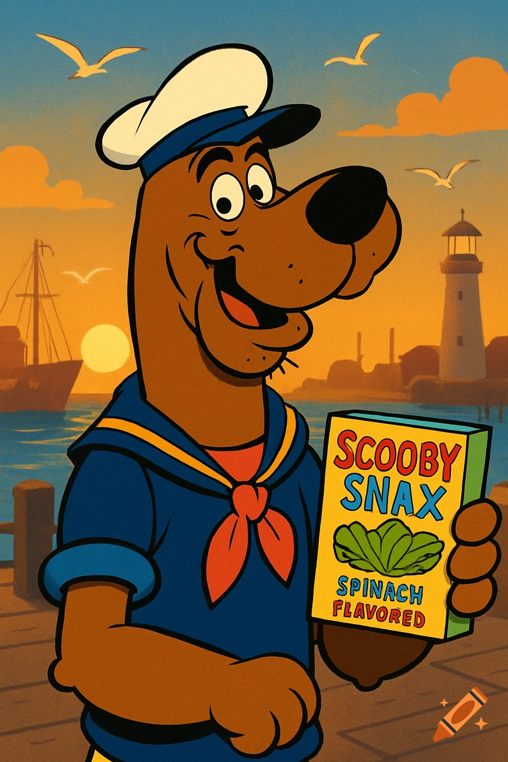 Scooby-Doo dressed as a sailor holds a box of Scooby Snax Spinach Flavored in a vibrant harbor at sunset.
