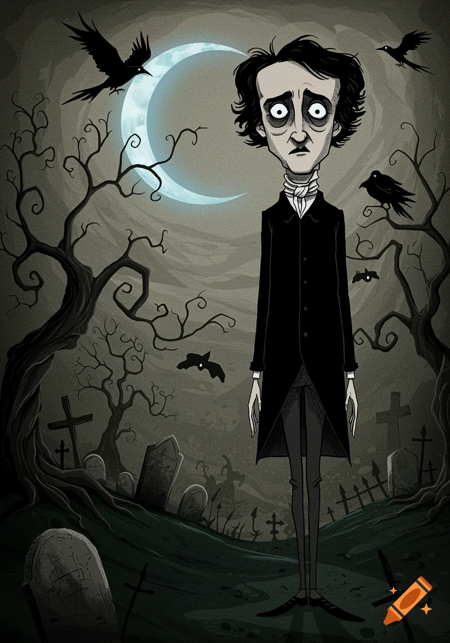 A tall, gaunt Edgar Allan Poe in a black coat stands in a dark, stylized graveyard with bare trees and crows under a crescent moon, in the style of Tim Burton.