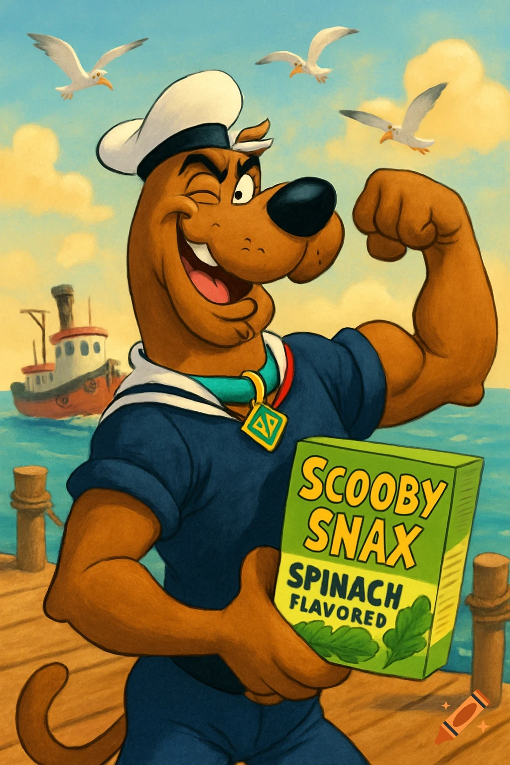 Scooby-Doo dressed as Popeye, flexing and holding a box of "Scooby Snax: Spinach Flavored" on a wooden pier with a tugboat and seagulls in the background.