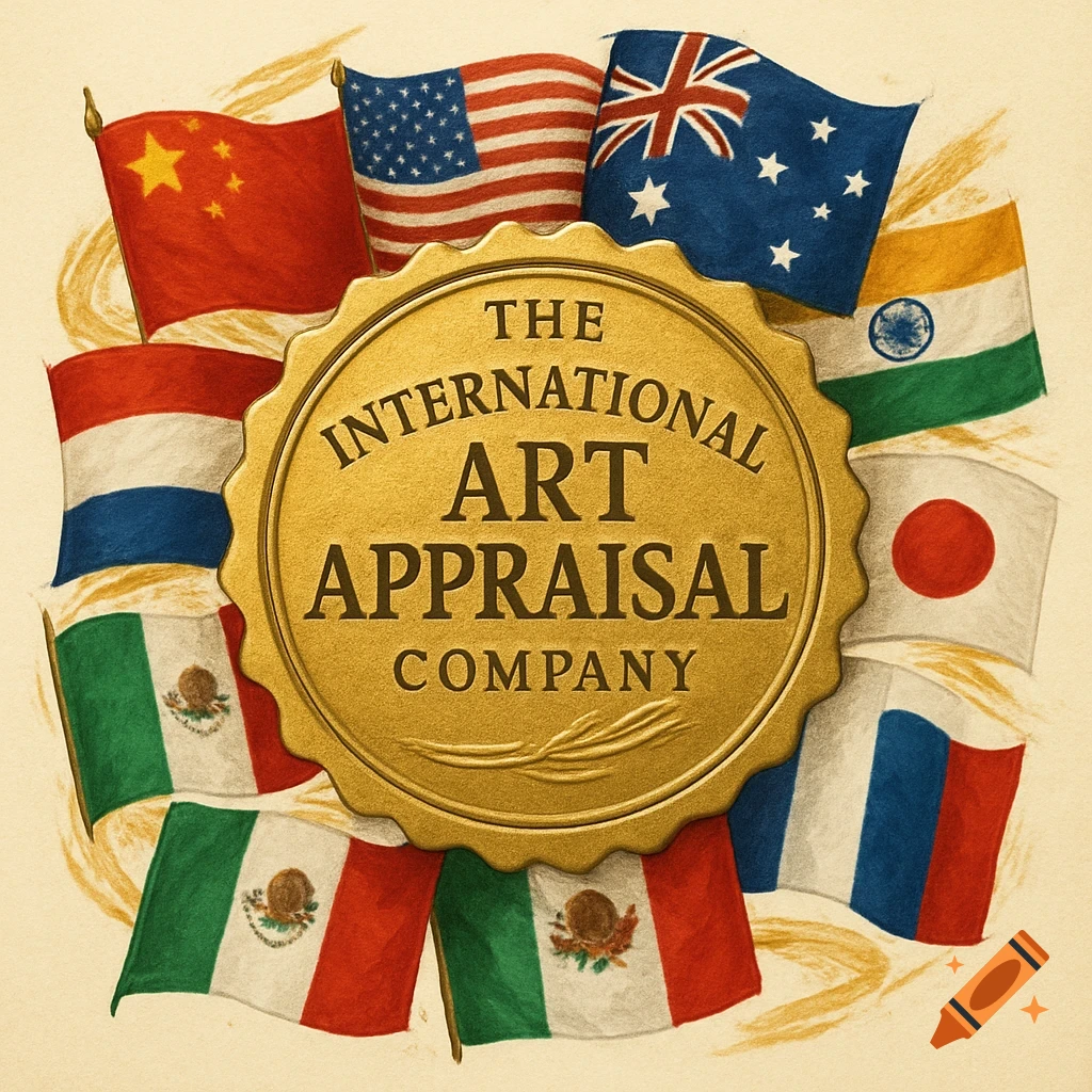 A vintage illustration of a golden seal with 'The International Art Appraisal Company' text, surrounded by national flags.
