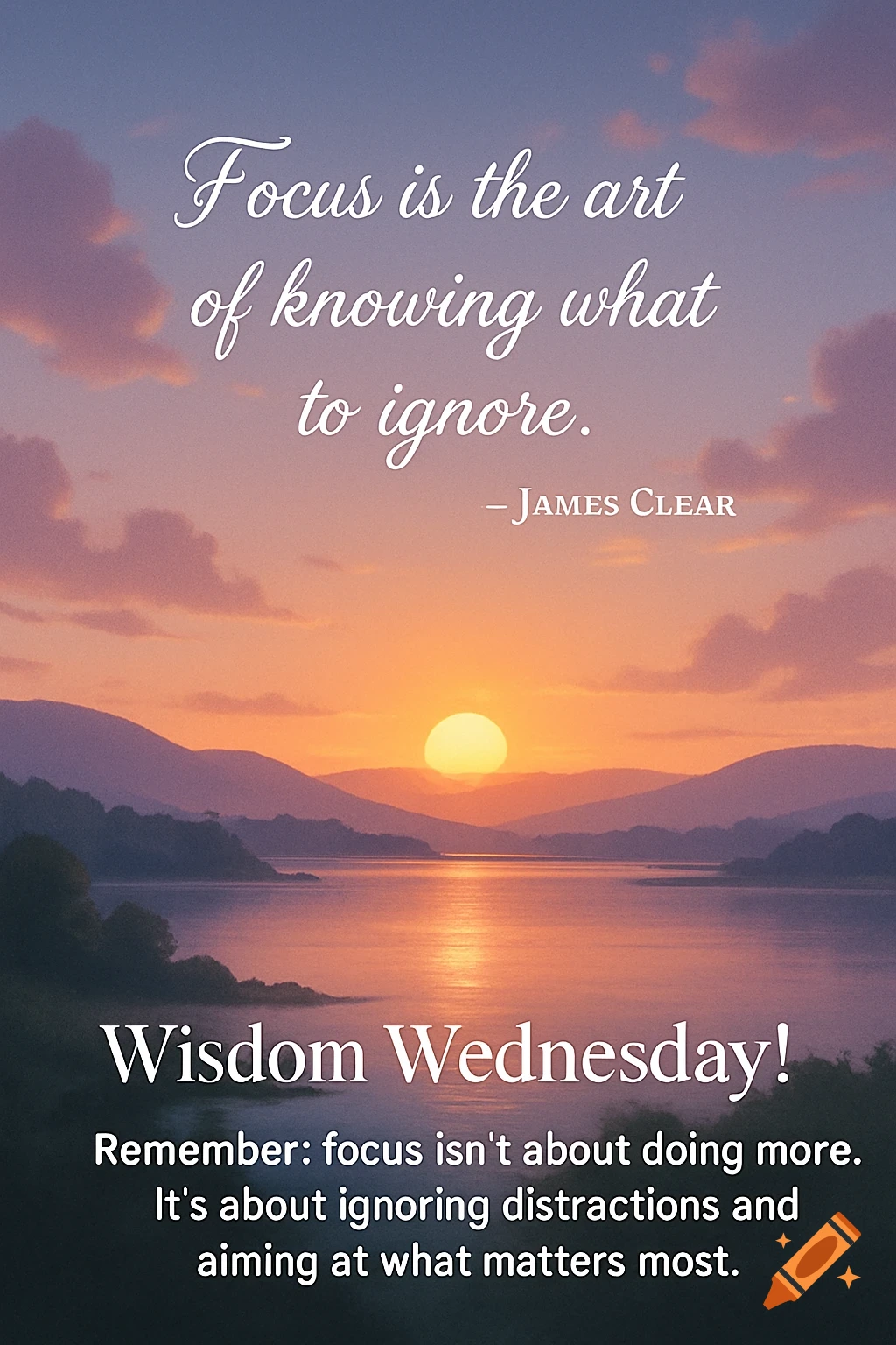 A motivational quote about focus overlaid on a serene sunrise landscape with mountains and a lake.