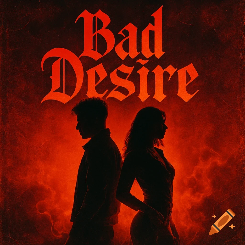 Album cover with silhouettes of a man and woman back-to-back against a fiery red background, with 'Bad Desire' in gothic script.