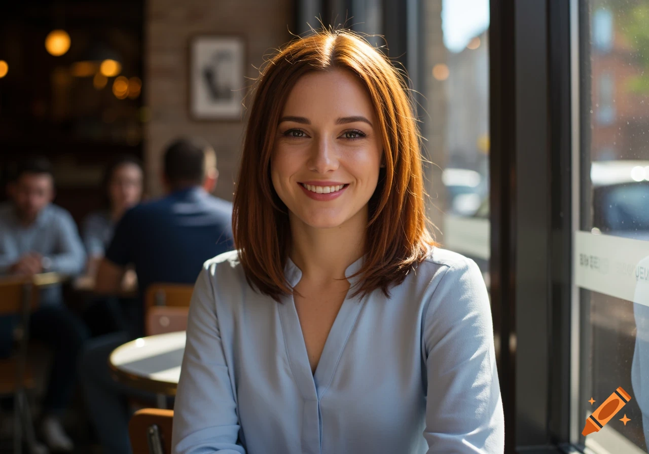 A smiling woman with reddish-brown hair in a light blue shirt sits in a sunlit cafe.