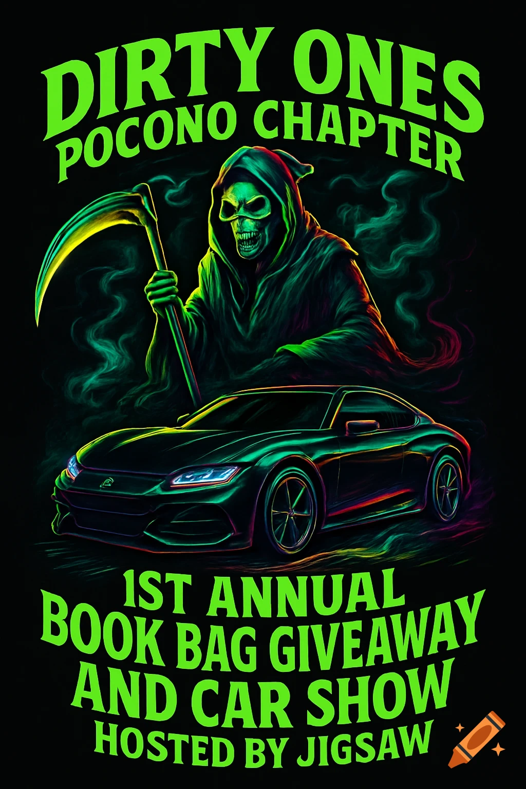 Neon-style flyer for an event featuring a glowing green grim reaper holding a scythe above a sleek dark sports car, with event details in bright green text.