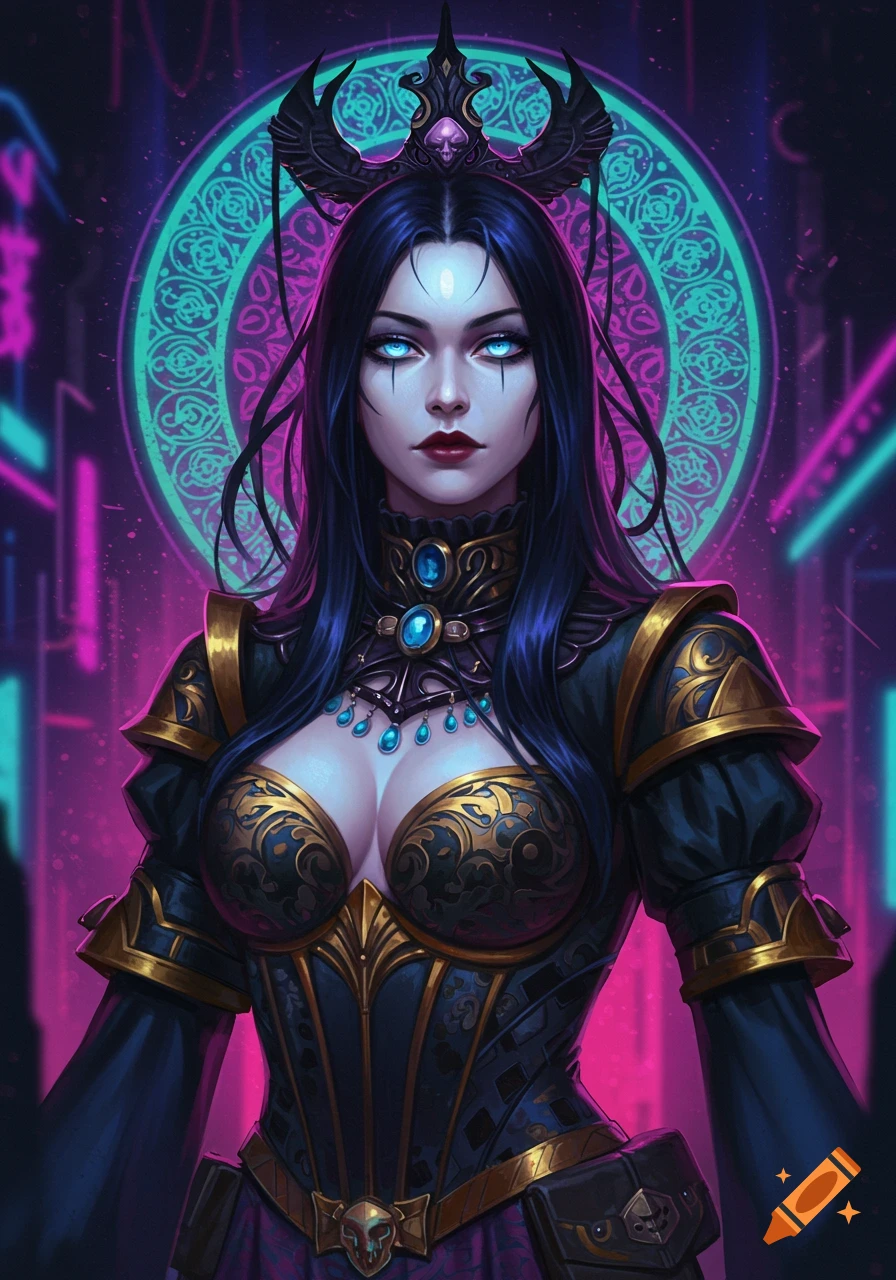 A pale gothic woman with glowing blue eyes and dark hair, wearing ornate dark and gold armor, stands against a neon purple and blue cyberpunk background.