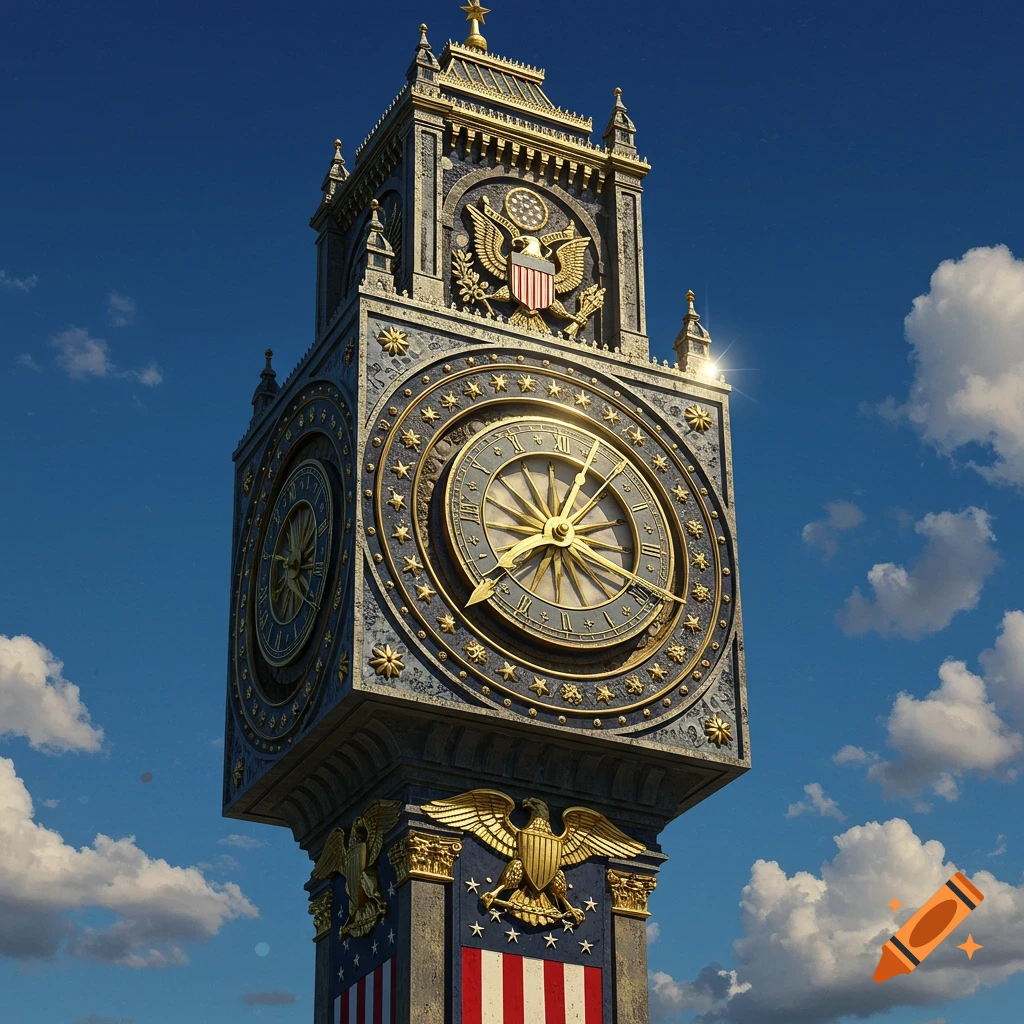 An ornate, patriotic clock tower featuring golden eagles, stars, and red and white stripes, set against a bright blue sky with clouds.